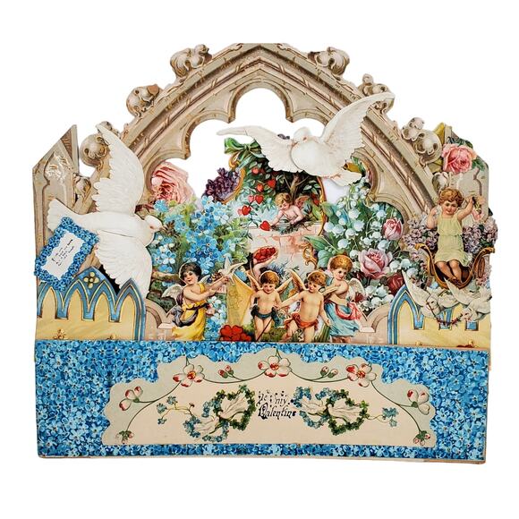 Victorian Antique Vintage Germany Diecut Fold Out Garden Scene Valentines Card - Picture 2 of 16